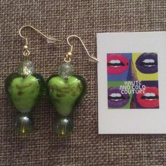 Handmade Green Venetian Glass Heart Earrings V.2